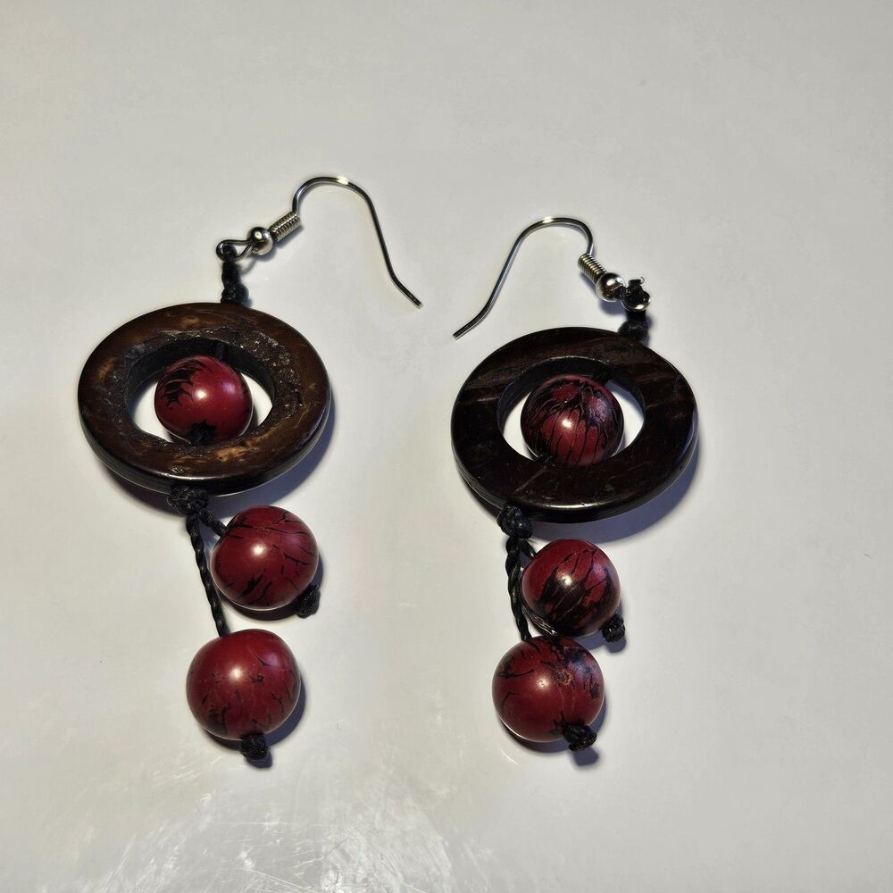 Brown Coconut Hoops With Red Bombona Ball Beads Dangling Earrings